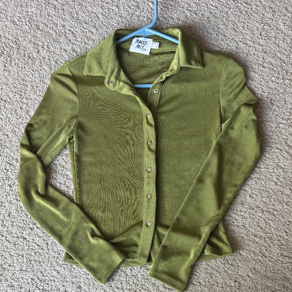 Princess Polly Collared Long Sleeve Top Olive Green Retro Women’s Size 2